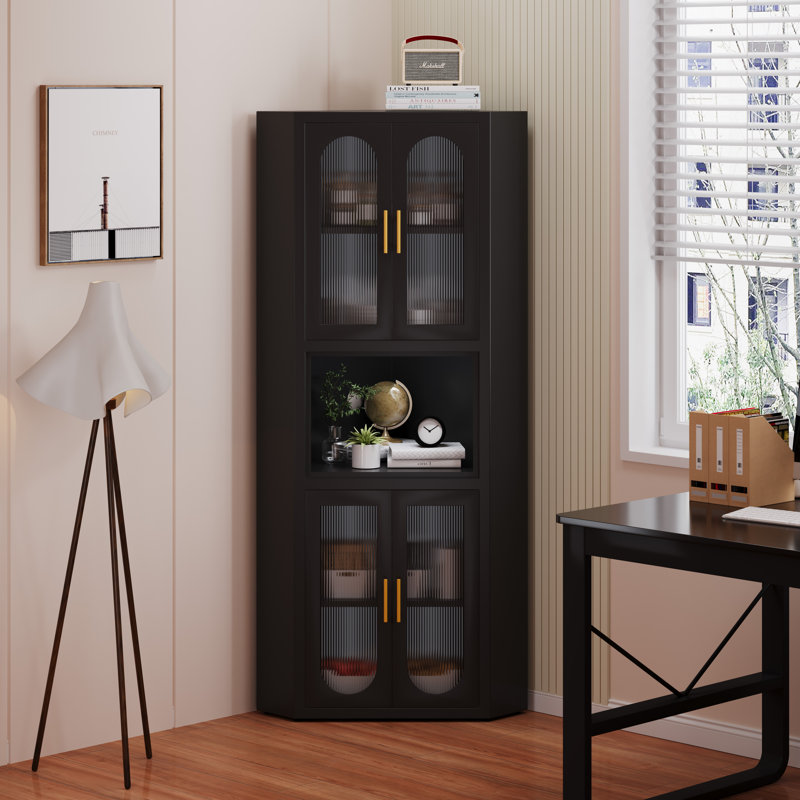 Metal Tall Corner Pantry Storage Cabinet with Acrylic Glass Doors 1 Open Bar Shelf for Kitchen Living Room Mercer41 Color Black